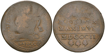 Папская область 1 байокко 1802 Пий VII (1800-1823) KM 1267 медь 221-911