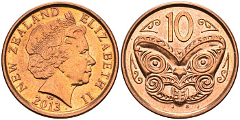 Новая Зеландия 10 центов 2013 маска Маори, Елизавета II (1952-) KM 117а сталь плакированная медью 92-1233