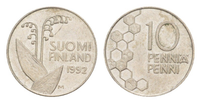 Финляндия 10 пенни 1992 KM 65 медно-никель 4647-353