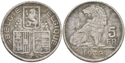 Бельгия 5 франков 1939 Belgique - Belgie, Леопольд III (1934-1951) KM 116 никель 4159-657