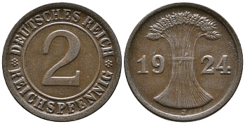 ГЕРМАНИЯ 2 РЕЙХСПФЕННИГА 1924 J KM 38, J. 314 бронза 24-726