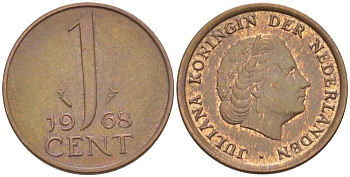 НИДЕРЛАНДЫ 1 ЦЕНТ 1968 КОРОЛЕВА ЮЛИАНА KM 180 бронза 3955-132