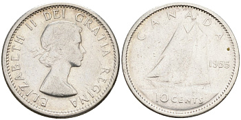 Канада 10 центов 1955 Елизавета II (1952-2022), парусник KM 51 серебро     4580-347