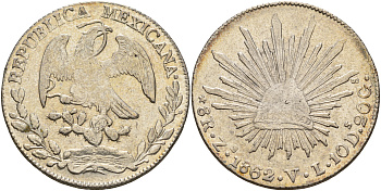 Мексика 8 реалов 1862 Zs KM 377.13 серебро 11-236-44