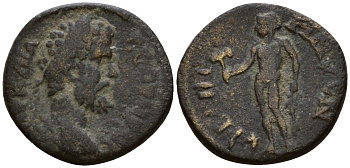Римская Империя, Провинция Азия, Лидия, Фиатира AE 193 - 211 Септимий Север, бюст императора / Аполлон с оливковой ветвью и лабрисом (Very rare!) бронза 1100-8-27