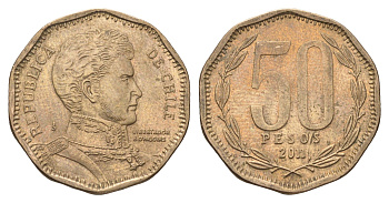 Чили 50 песо 2011 Бернардо О’Хиггинс KM 219 алюминиевая бронза 4663-416