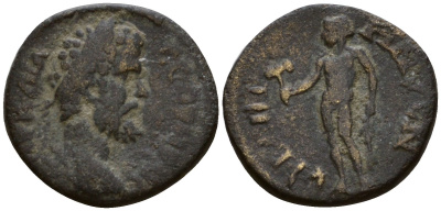 Римская Империя, Провинция Азия, Лидия, Фиатира AE 193 - 211 Септимий Север, бюст императора / Аполлон с оливковой ветвью и лабрисом (Very rare!) бронза 1100-8-27