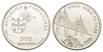 Португалия 500 эскудо 1998 Открытие моста Васко да Гама KM 705 серебро BU 32-823