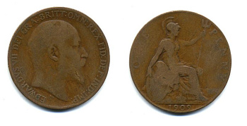Великобритания 1 пенни 1909 Эдуард VII (1901-1910) KM 794.2, Spink 3990 бронза 47-711