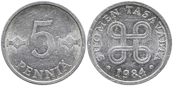 ФИНЛЯНДИЯ 5 ПЕННИ 1984 KM 45а алюминий 100-434