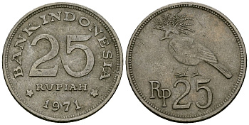Индонезия 25 рупий 1971 венценосный голубь KM 34 медно-никель 4136-1044