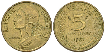 Франция 5 сантимов 1981 KM 933, Le Franc 125/17 медь алюминий никель 4164-1142