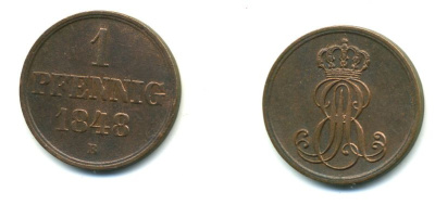 Ганновер 1 пфенниг 1848 B, Эрнст Август (1837-1851) KM 201.1, AKS 129, J. 74 медь 36-1124