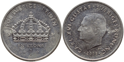 Швеция 1 крона 2008 Карл XVI Густав (1973- ) KM 894 медно-никель 4610-251