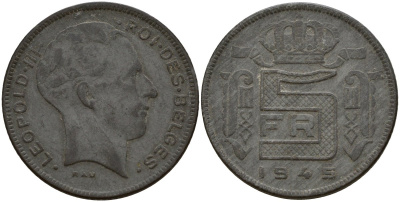 Бельгия 5 франков 1945 DES BELGES, Леопольд III (1934-1947) KM 130 цинк 4161-947