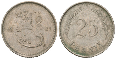 Финляндия 25 пенни 1921 H KM 25 медь 4615-337