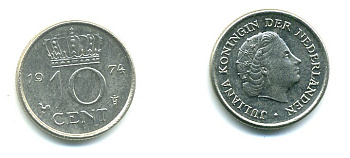 НИДЕРЛАНДЫ 10 ЦЕНТОВ 1974 ЮЛИАНА KM 182 никель 76-349