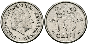НИДЕРЛАНДЫ 10 ЦЕНТОВ 1950 ЮЛИАНА KM 182 никель 96-415