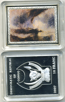 Конго 10 франков 2007 серия шедевры мировой живописи, ТЁРНЕР, СНЕЖНЫЙ ШТОРМ, размер 35Х46 мм., цветная эмаль медно-никель PROOF M43-21