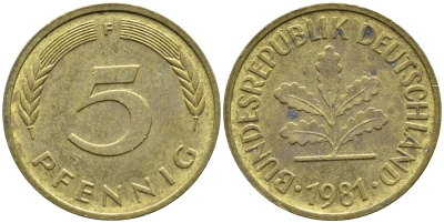 ФРГ 5 ПФЕННИГОВ 1981 F KM 107, J. 382 сталь плакированная латунью 4392-1043