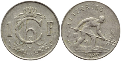 Люксембург 1 франк 1962 сталевар KM 46.2 медно-никель 4398-832