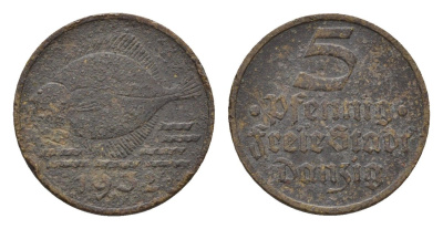 Данциг 5 пфеннигов 1932 год-тип KM 151 алюминиевая бронза 4669-622