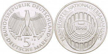 ФРГ 5 МАРОК 1973 G, 125 ЛЕТ ФРАНКФУРТСКОМУ ПАРЛАМЕНТУ KM 137, J. 412 серебро UNC 3457-335