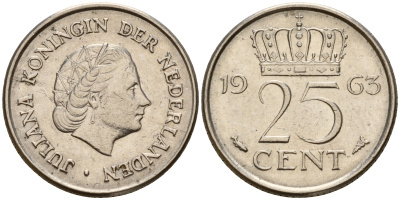 Нидерланды 25 центов 1963 Юлиана (1949-1980) KM 183 никель    4598-419