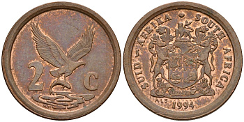 ЮАР 2 цента 1994 орел с рыбой KM 133 сталь плакированная медью 4173-825