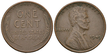 США 1 цент 1949 Авраам Линкольн  KM 132 бронза 214-612