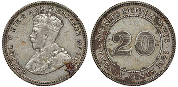Стрейтс-Сетлментс 20 центов 1927 Георг V (1910-1936) КМ 30b серебро 53-745
