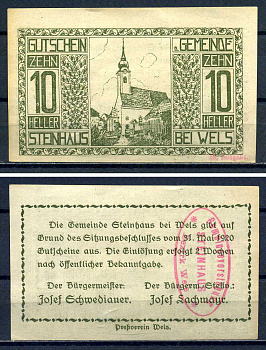 Штайнхаус-бай-Вельс (Австрия) 10 геллеров 1920 бумага aUNC 7556-28-2-1