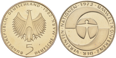 ФРГ 5 марок 1982 F, 10 лет конференции ООН по окружающей среде КМ 157, J.431 медно-никель плакированный никелем плакированный никелем PROOF 02-265-46