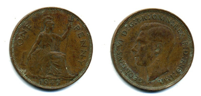 Великобритания 1 пенни 1945 Георг VI (1936-1952) KM 845, Spink 4114 бронза 37-635