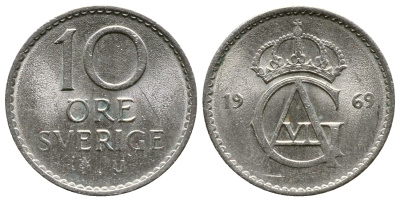 Швеция 10 эре 1969 U Густав VI Адольф (1950-1973) KM 835 медно-никель UNC 57-1268
