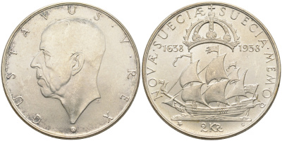 Швеция 2 кроны 1938 G, Густав V (1907-1950), 300 лет шведским поселениям в Делавере KM 807 серебро 4565-223