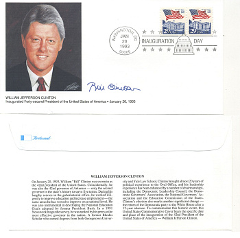 США 2 конверта 1993 день инаугурации президент Билл Клинтон и вице-президент Альберт Гор, в конверте первого дня гашения, каждый с двумя марками, в оригинальном буклете 7-4-52