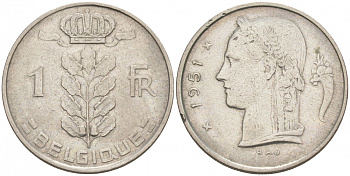 БЕЛЬГИЯ 1 ФРАНК 1951 BELGIQUE KM 142.1 медно-никель 68-632