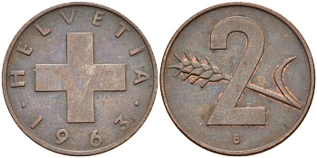 Швейцария 2 раппена 1963 В KM 47 бронза 4591-1235