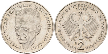 ФРГ 2 марки 1989 D, Курт Шумахер, 30 лет Федеративной Республике (1949-1979) KM 149, J. 424 медно-никель плакированный никелем 4168-441