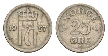 Норвегия 25 эре 1957 Хокон VII (1905-1957) KM 401 медно-никель 4632-1233