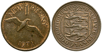Гернси 1 пенни 1971 Елизавета II (1952-2022), северная олуша в полете KM 21 бронза 4167-717