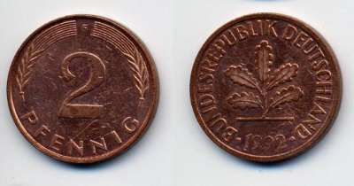 ФРГ 2 ПФЕННИГА 1992 F KM 106a, J.381a сталь плакированная сталь плакированная медьюю 35-1034