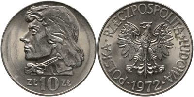 ПОЛЬША 10 ЗЛОТЫХ 1972 MW, КОСТЮШКО KM 50а медно-никель UNC 180-216