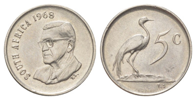 ЮАР 5 центов 1968 Окончание президентства Чарльза Сварта, SOUTH AFRICA KM 76.1 никель UNC 4617-237