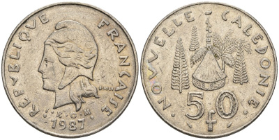 Французская Новая Каледония 50 франков 1987 хижина среди сосен и пальм, (IEOM) KM 13, Schoen 15, Lec 121 никель 4120-145