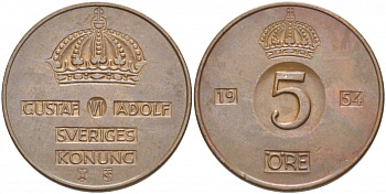 Швеция 5 эре 1954 TS Густав VI Адольф (1950-1973) KM 822 бронза 3996-651