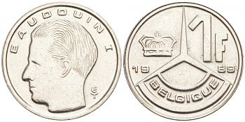 БЕЛЬГИЯ 1 ФРАНК 1989 BELGIQUE KM 170 железо плакированное никелем 214-855