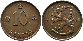 Финляндия 10 пенни 1935 республика (1918-1962) KM 24 медь 4388-537