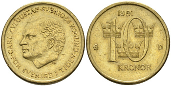 Швеция 10 крон 1991 D, Карл XVI Густав (1973- ) KM 877 медь алюминий цинк 4592-131
